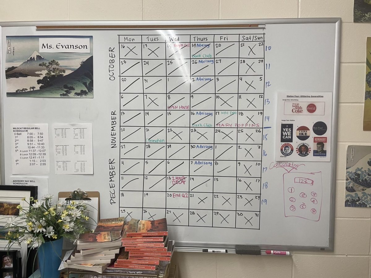 Calendar in English teacher Tricia Evansons room
