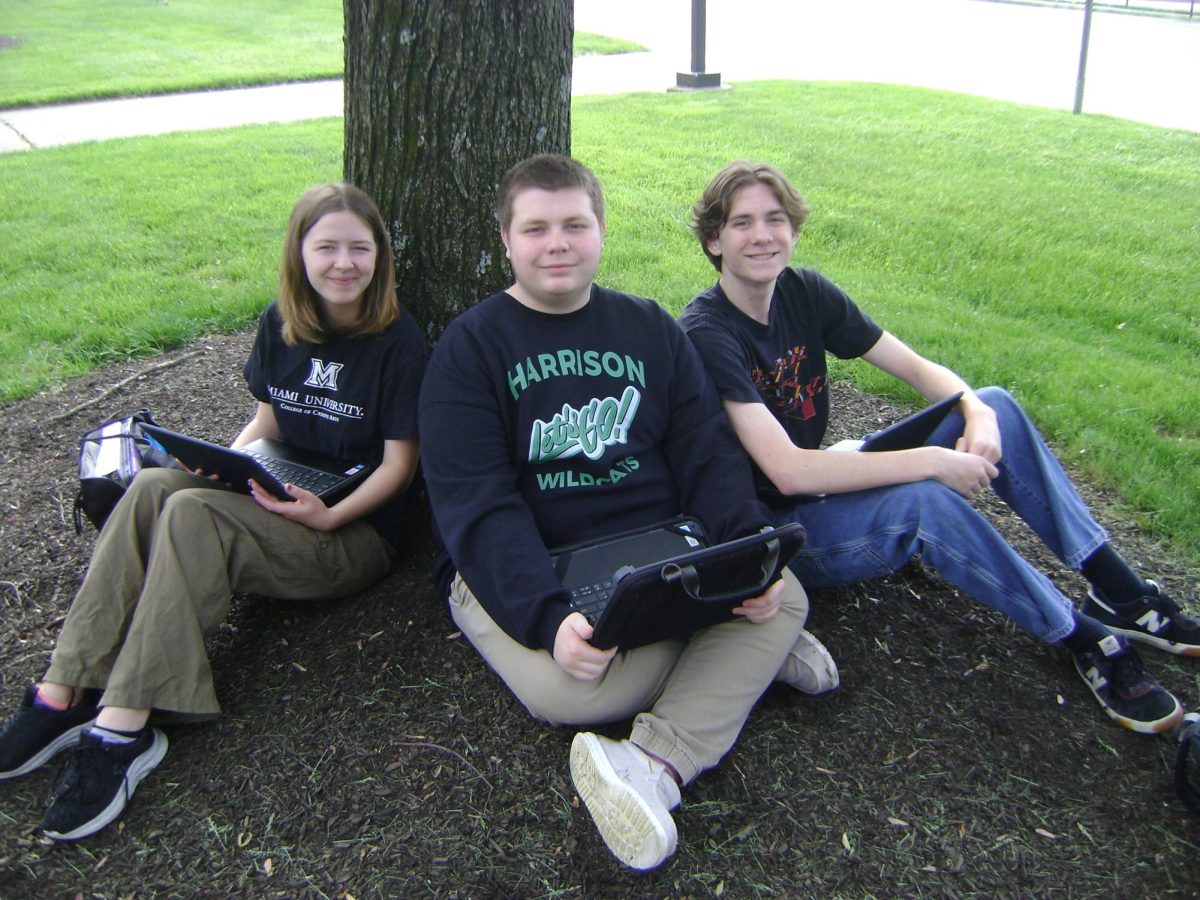 Some of the Paw Print editors sitting under a tree, taking a break outside