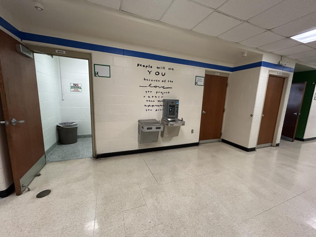 The boys and girls bathroom in the English hallway, the girls bathroom is locked. 