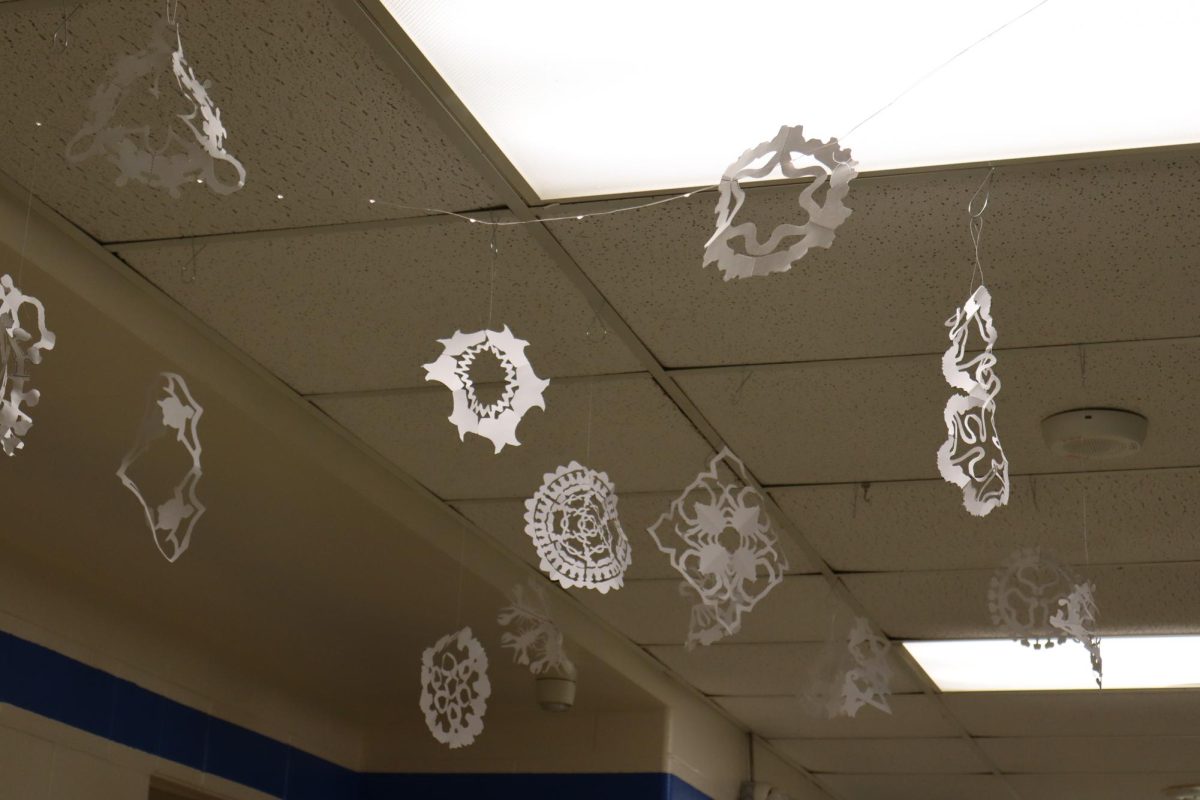 DIY snowflakes designed by students hung outside of Mrs. Rachel Mallicote's classroom.