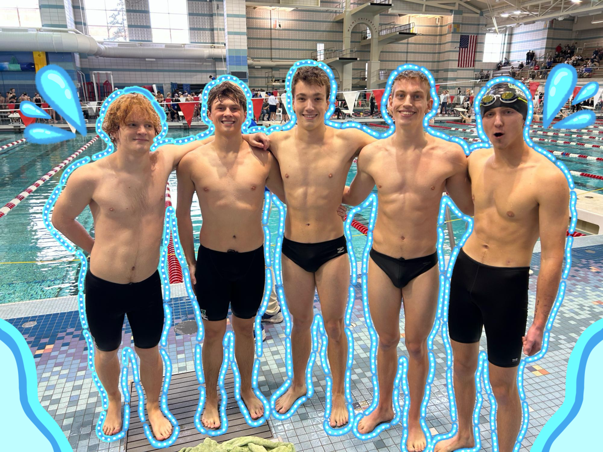 A edited photograph of some of the students on the Harrison Boys Swim Team.