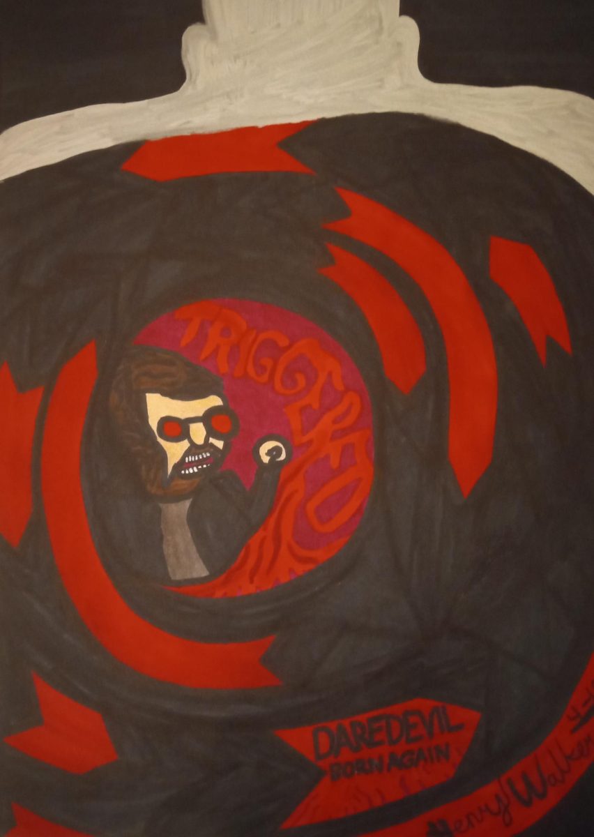 Daredevil screams as Kingpin's shadow looms over him. 