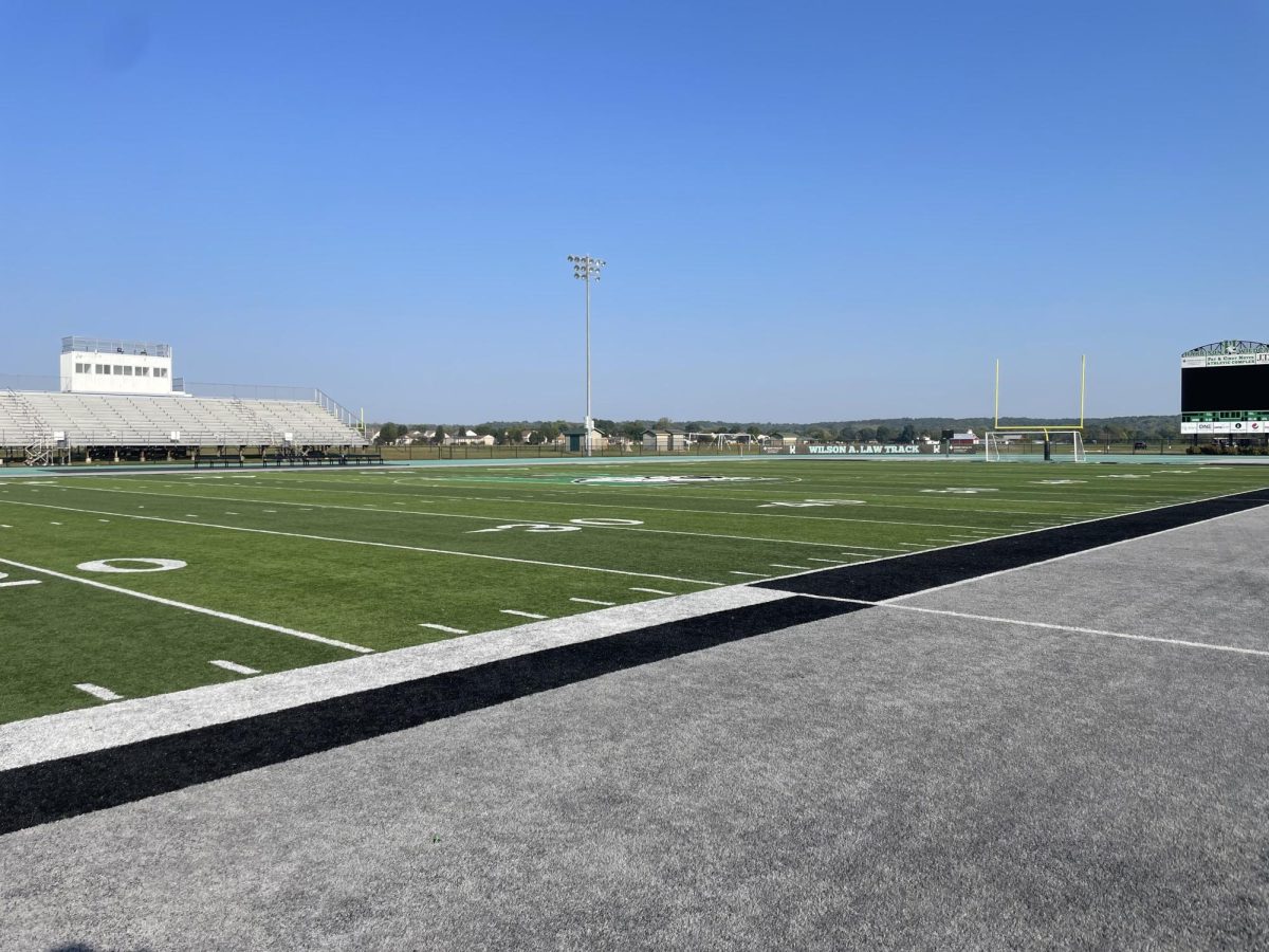 The Harrison High School turf field looks great even after an intense Friday night game. 