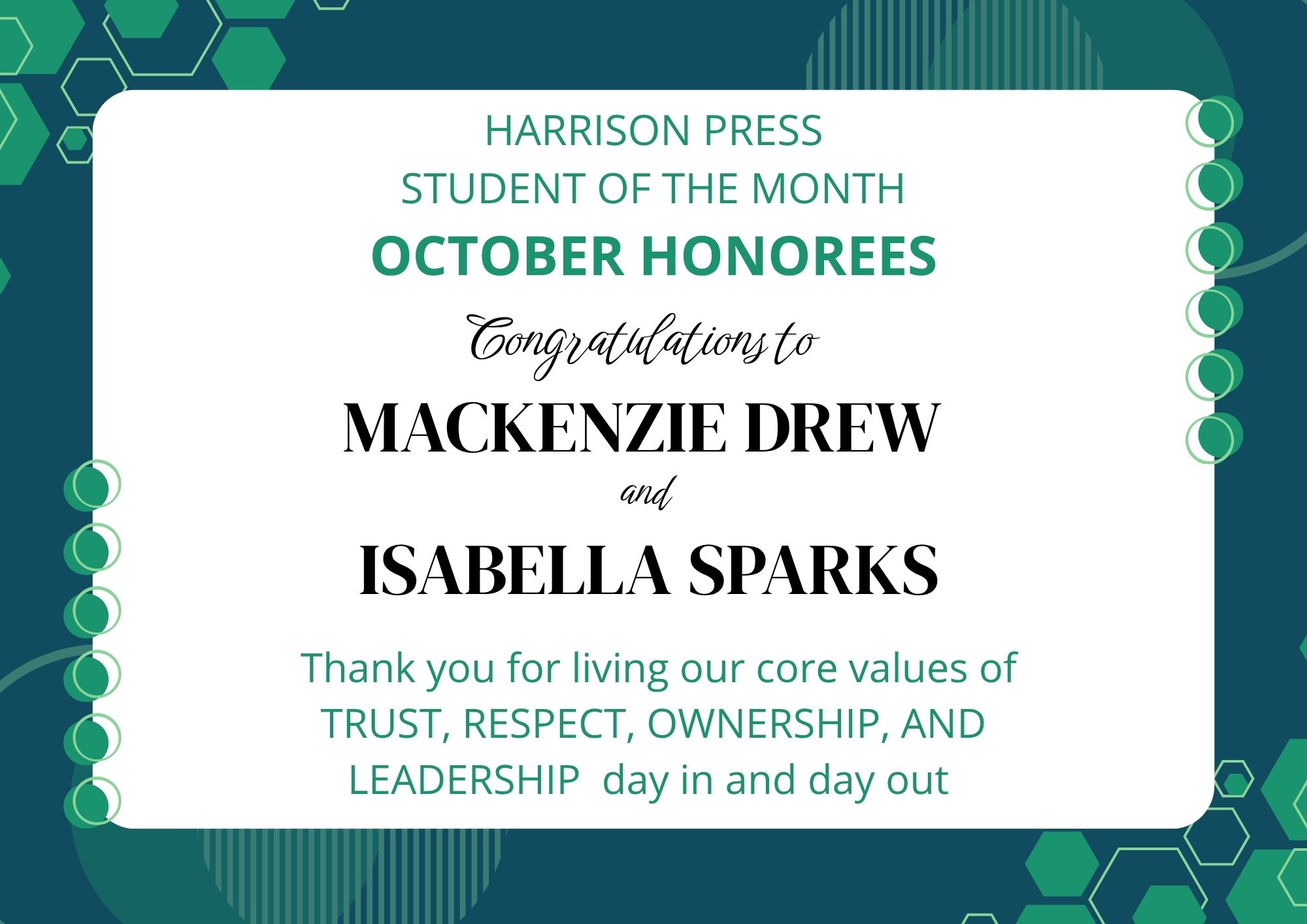 September Students of the Month