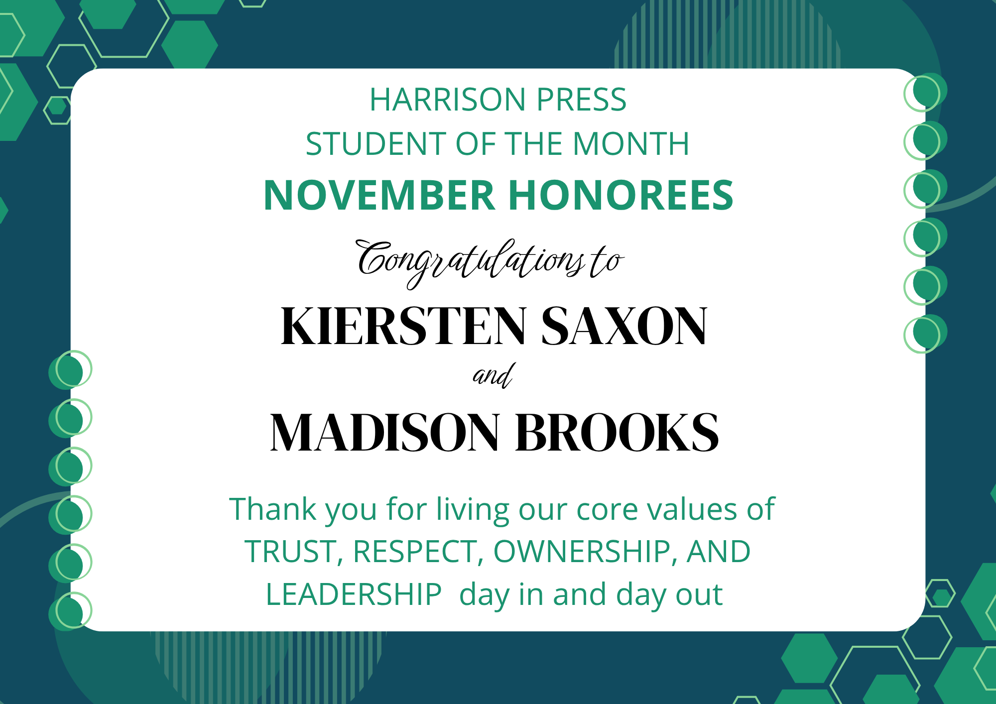 Harrison Press November Students of the Month
