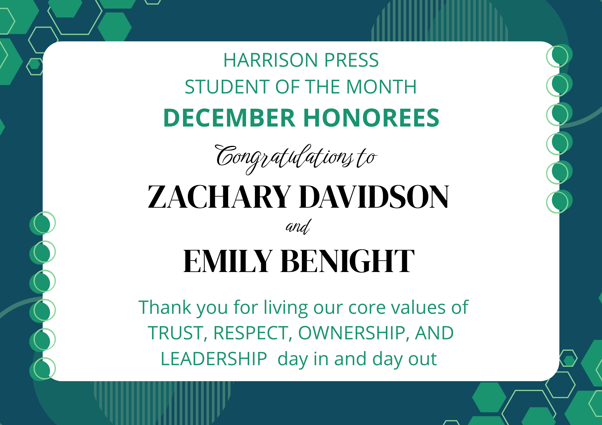 Harrison Press December Students of the Month