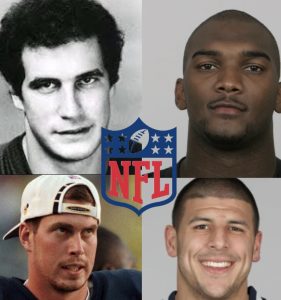 Some of the NFL's worst players: Rusty Lisch, Jamarcus Russell, Ryan Leaf, and Aaron Hernandez. Digital art by Lilly Newman