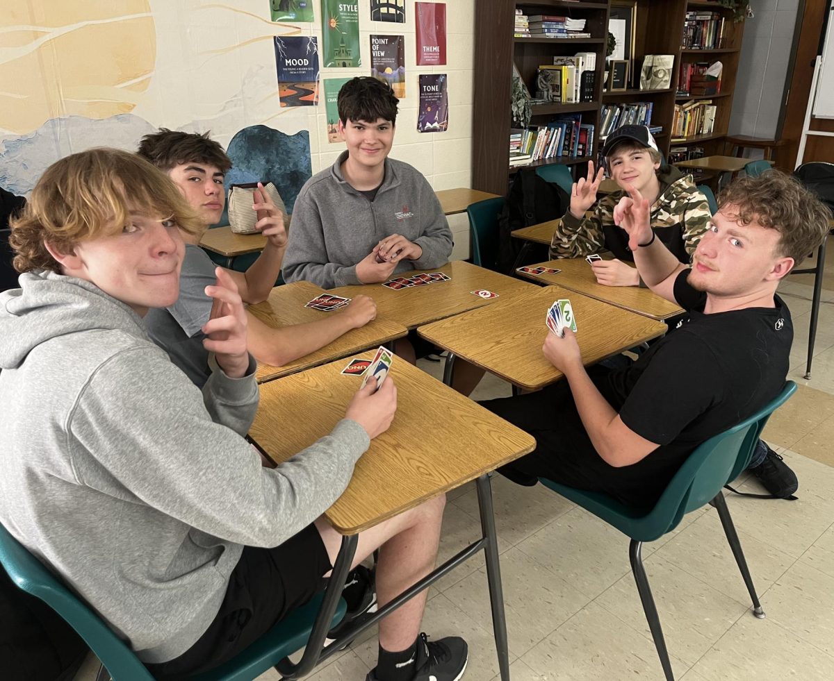 Nothing beats a game of Uno for relaxing during advisory. Freshmen Max Blust, Eliot Bristow, Eli Brown, Jackson Brockmeyer, and Cam Burchett hope they have the cards to win. 