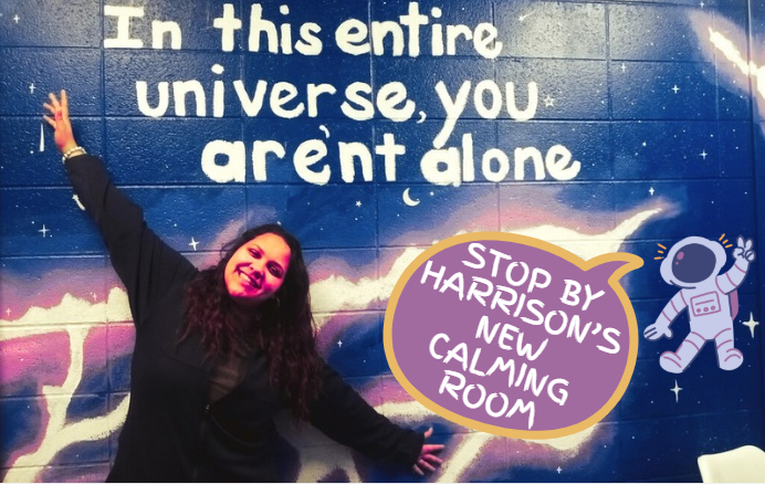 Senior Madison Jacob in front of the mural she painted for the school's new calming room.