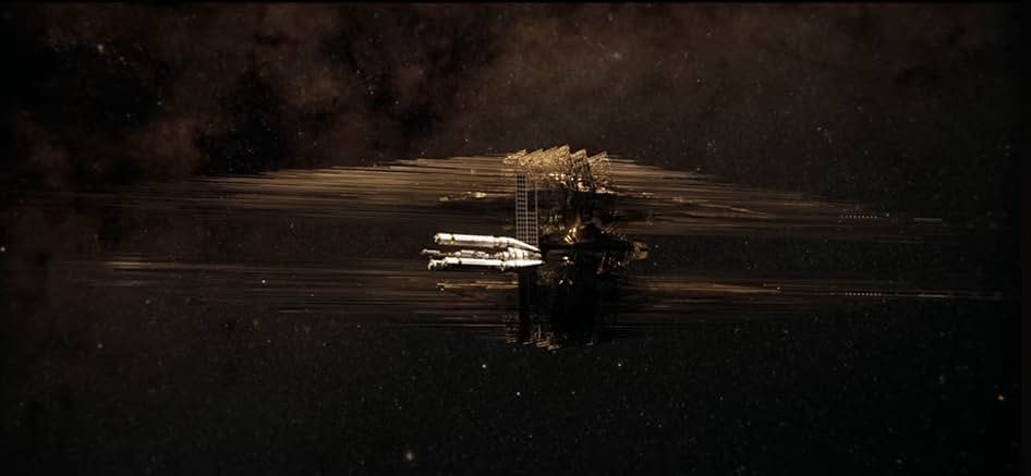 Rocky's ship emerges from the dark void of space. 