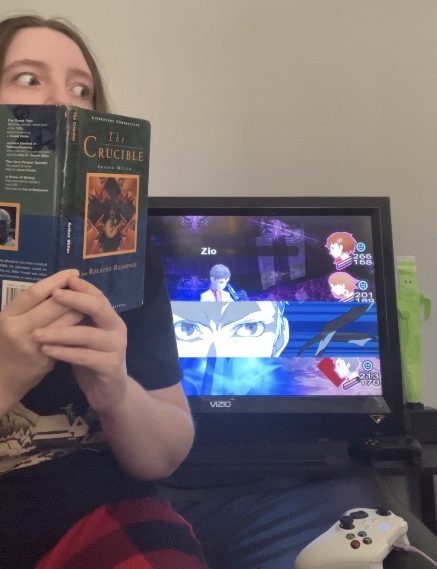 Junior Ashlee Spradlin is totally reading The Crucible and not playing Persona 3 Portable.
