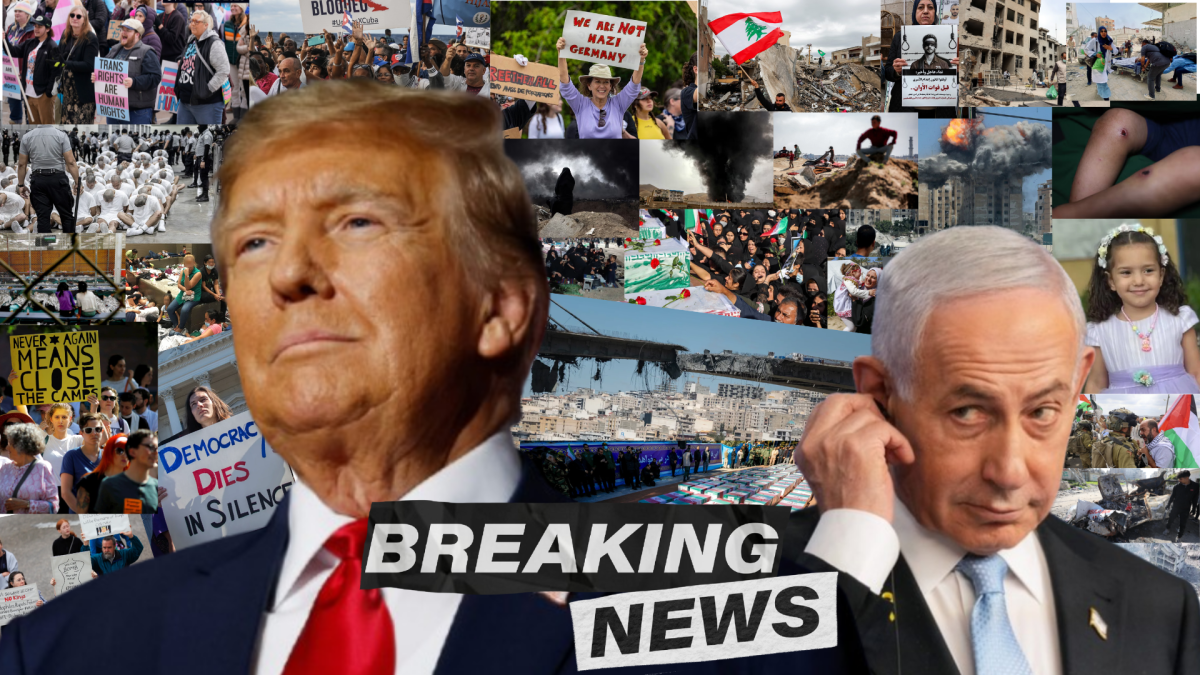 The left is Donald Trump on Nov. 6, following early results from the 2024 election in Palm Beach County Convention Center, in West Palm Beach, Florida. Photo by Carlos Barria/Reuters The right is Israeli Prime Minister Benjamin Netanyahu adjusting his headphones during a press conference in Jerusalem on Dec. 7, 2025. | Photo by Ariel Schalit/AP The background is made up of pictures from different protest or world events that one or both of the two leaders played a major role in. They will all be in this article to provide more information.
