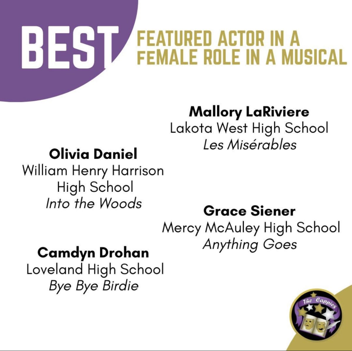 We are proud of Olivia Daniel for being nominated with her role as Rapunzel!